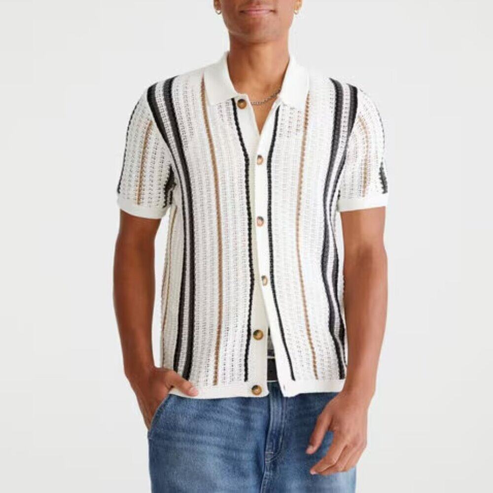 AEROPOSTALE | Mens Striped Open Knit Button Up Sweater Shirt Striped Coastal XL